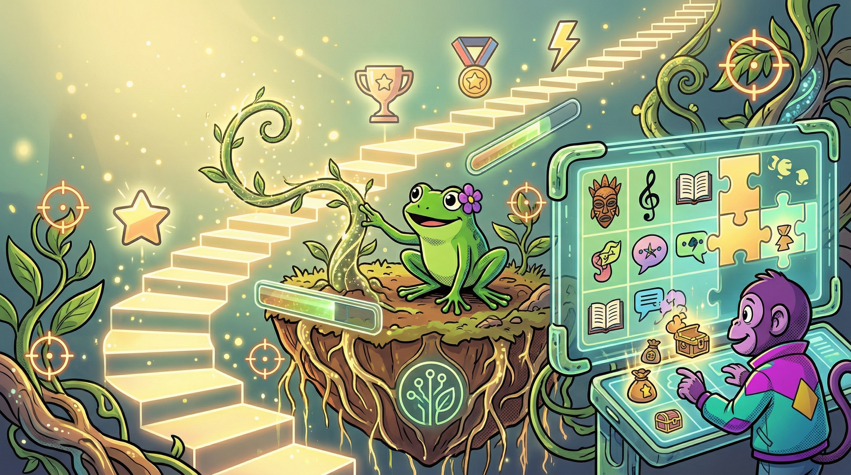 Flora builds a level-up path with vines, and Chip sparks community progress with puzzle pieces clicking into place and rewards.