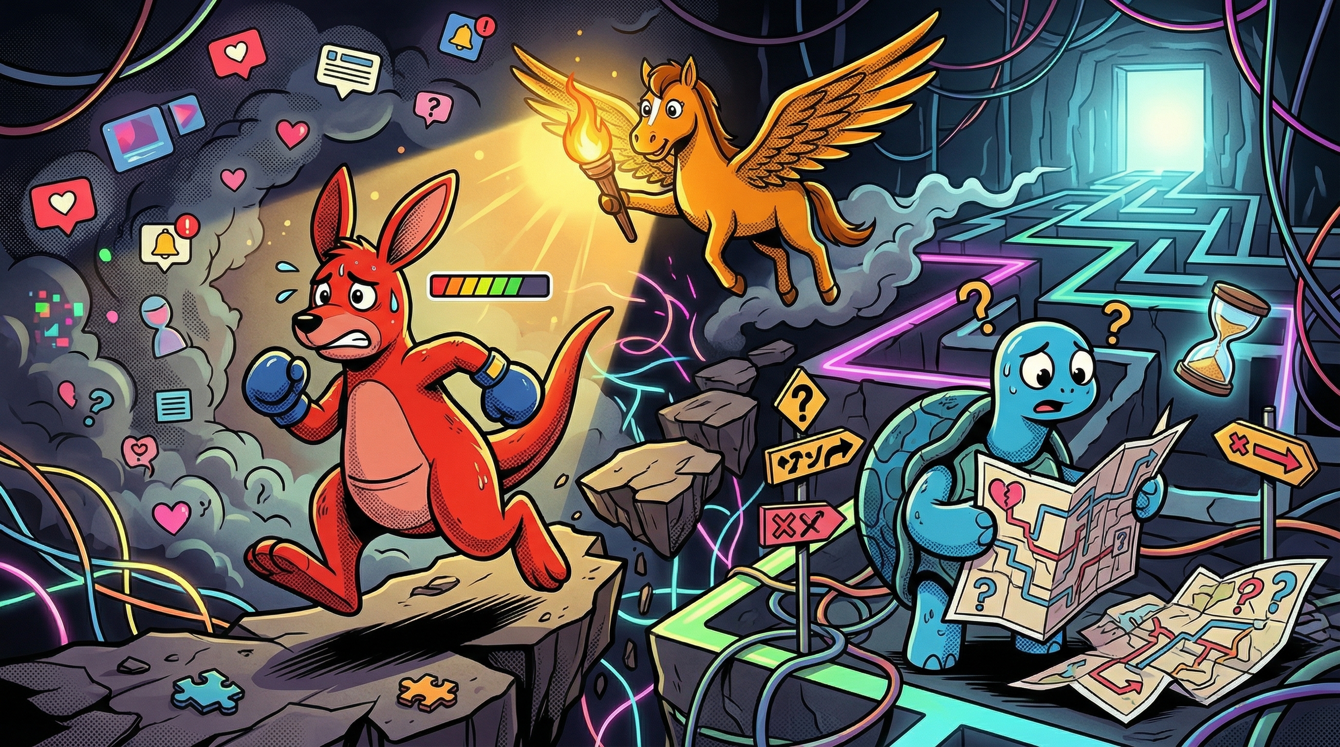 Rookie faces obstacles and distractions; Terry studies a confusing map and Clero lights the way with a glowing book.