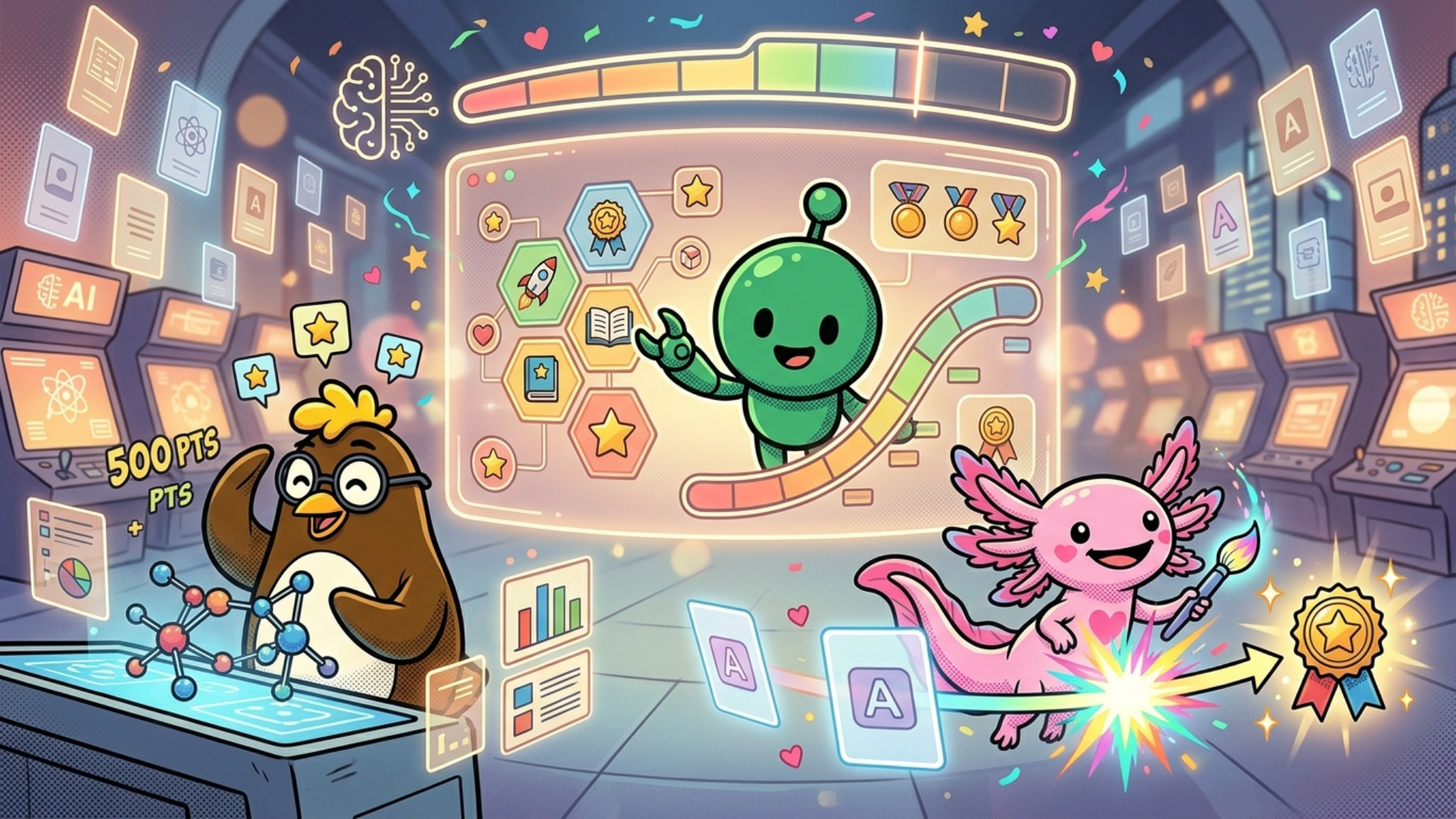 Zappy guides a holographic mission board; Pascal earns points solving a challenge and Frida turns a flashcard into a reward.